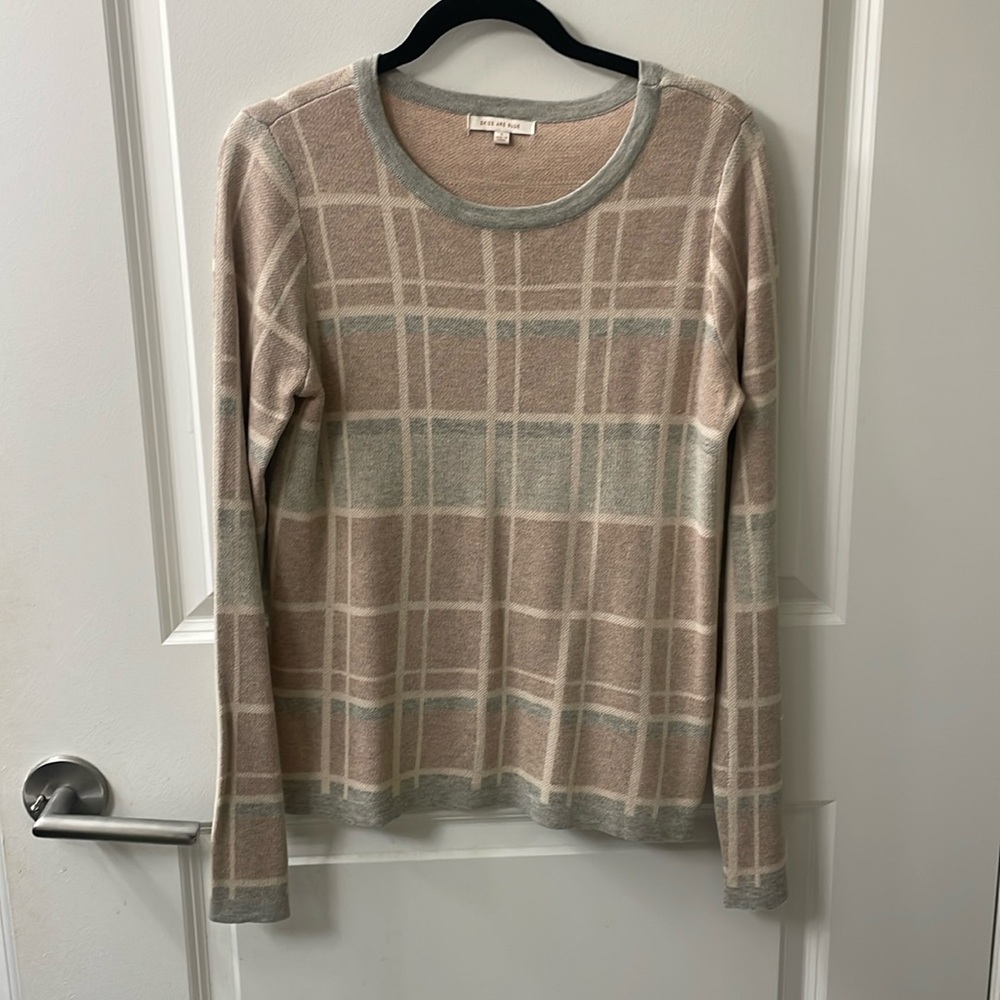 Skies are blue size, small, pink, and gray checkered sweater